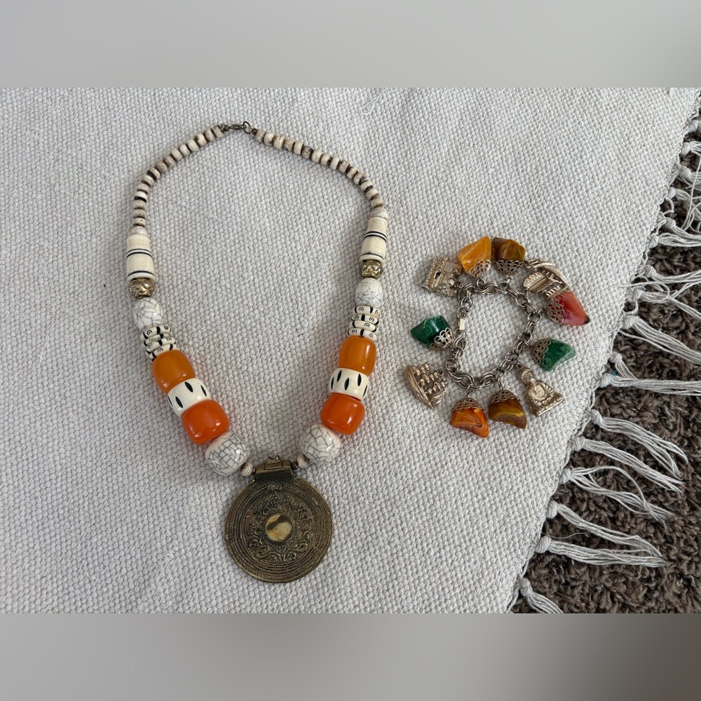 Vintage Jewelry Chunky Boho Buddha Hindu Medallion Necklace Bracelet Charm